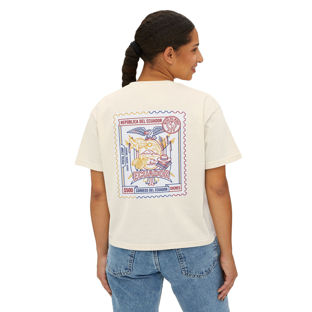 Ecuador Stamp Boxy Tee — Vintage Travel Graphic Women's T-Shirt