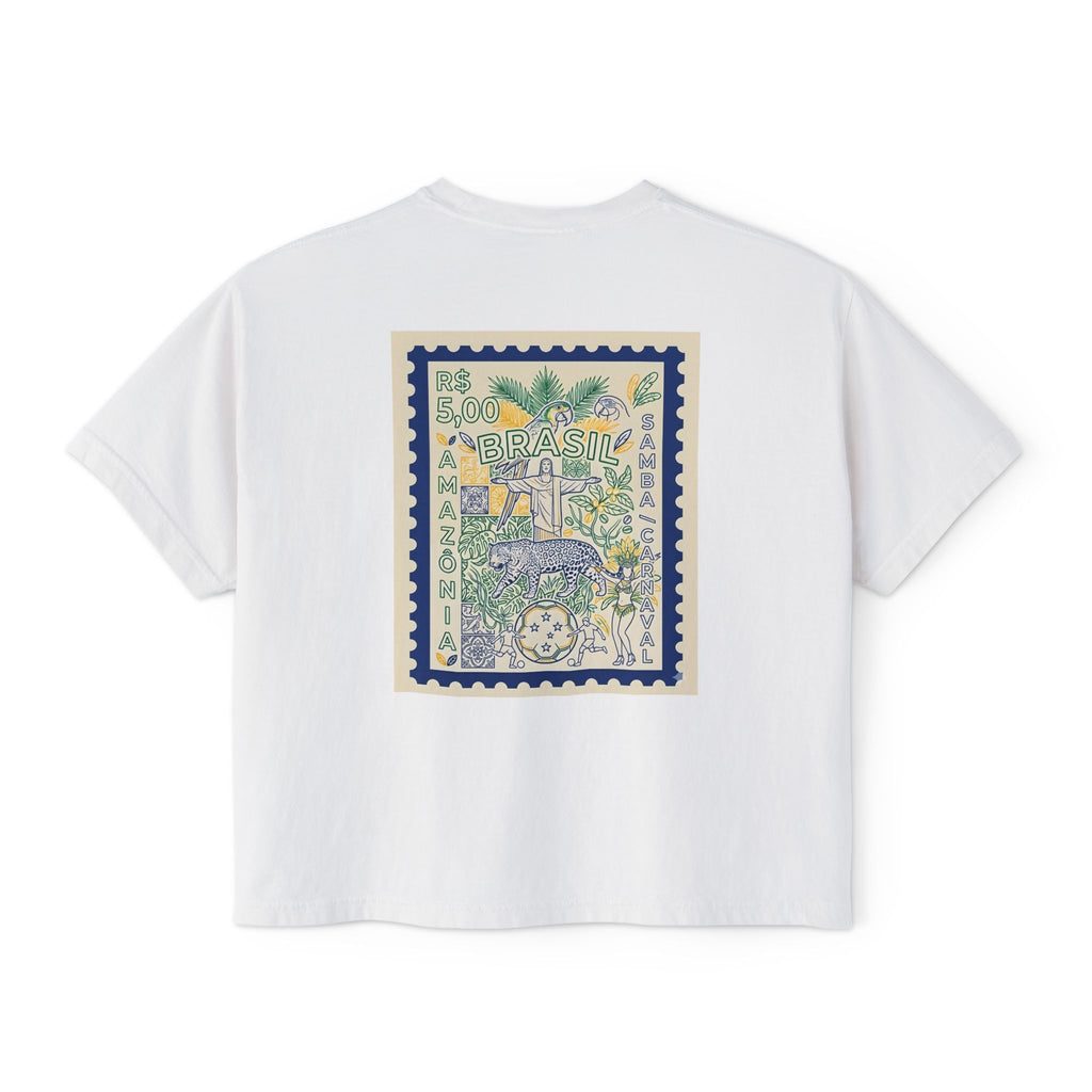 Brazil Stamp Graphic Boxy Tee — Tropical Vintage Postage Design