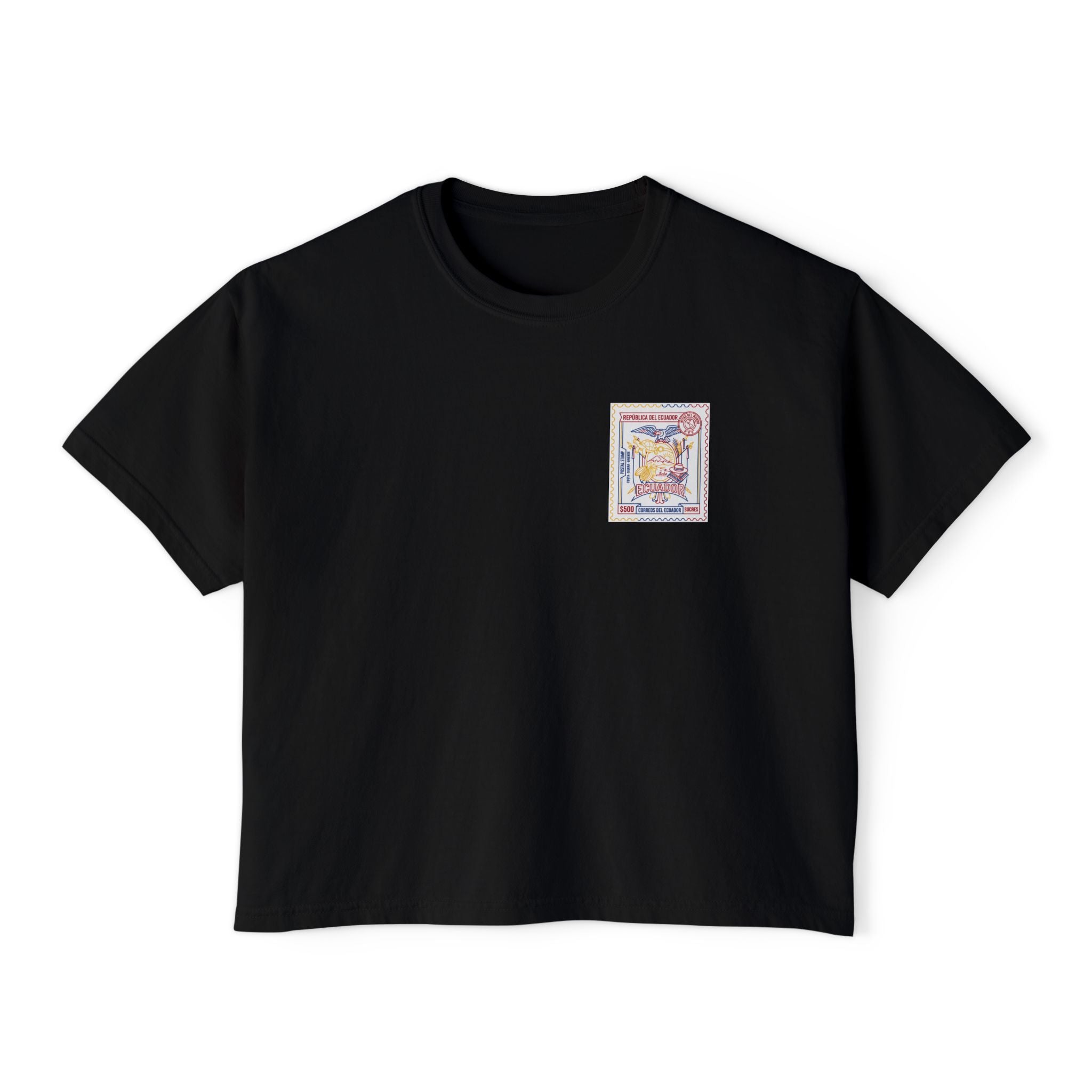 Ecuador Stamp Boxy Tee — Vintage Travel Graphic Women's T-Shirt