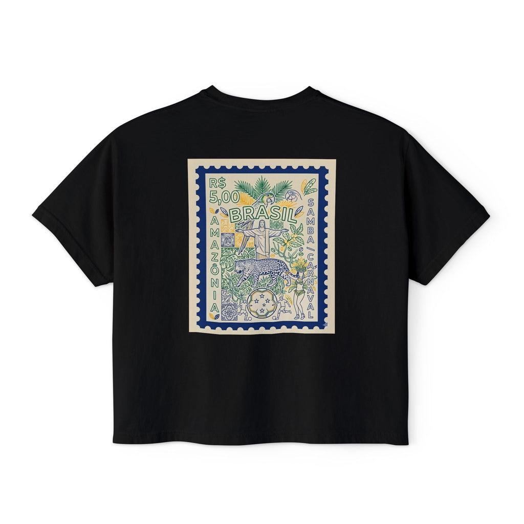 Brazil Stamp Graphic Boxy Tee — Tropical Vintage Postage Design