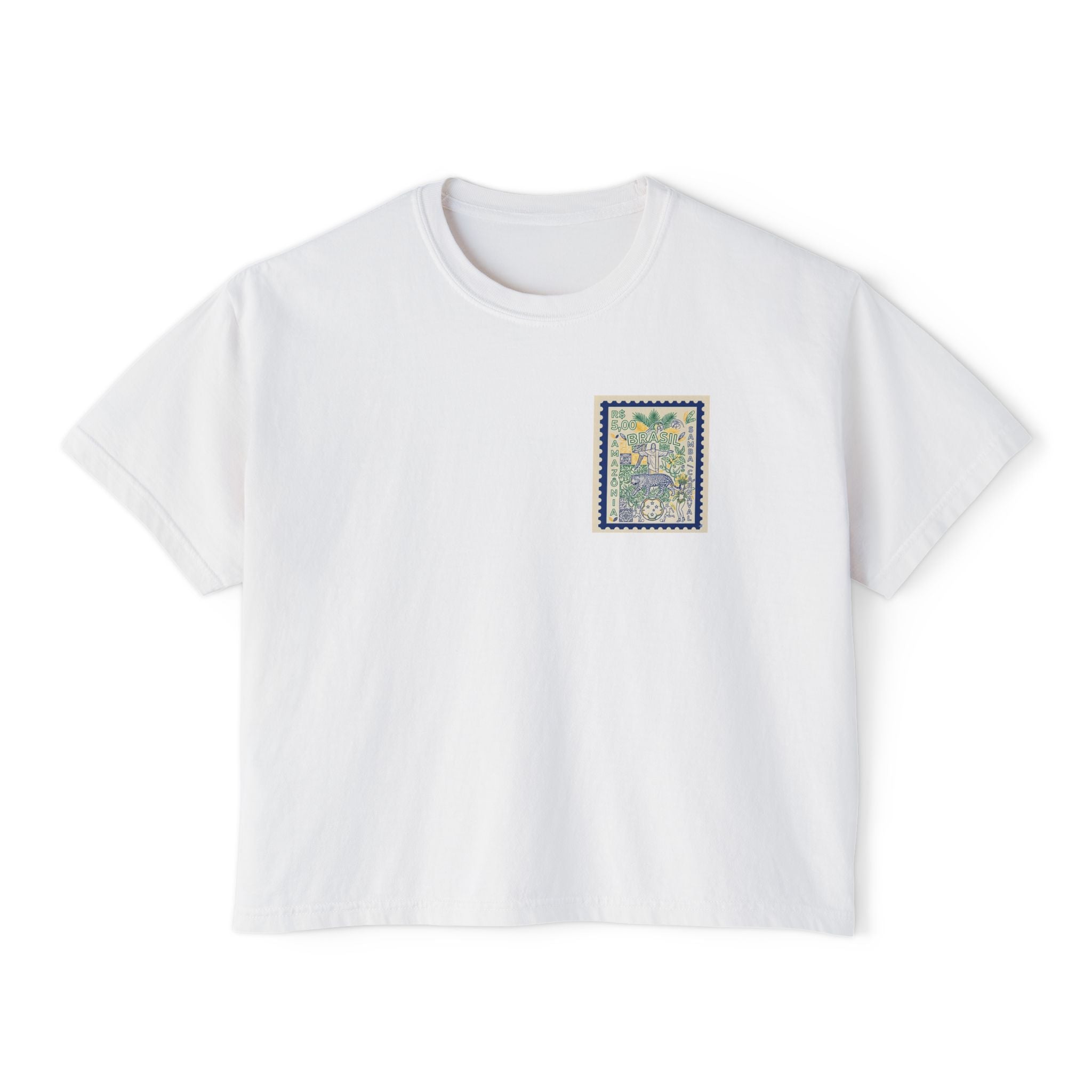 Brazil Stamp Graphic Boxy Tee — Tropical Vintage Postage Design