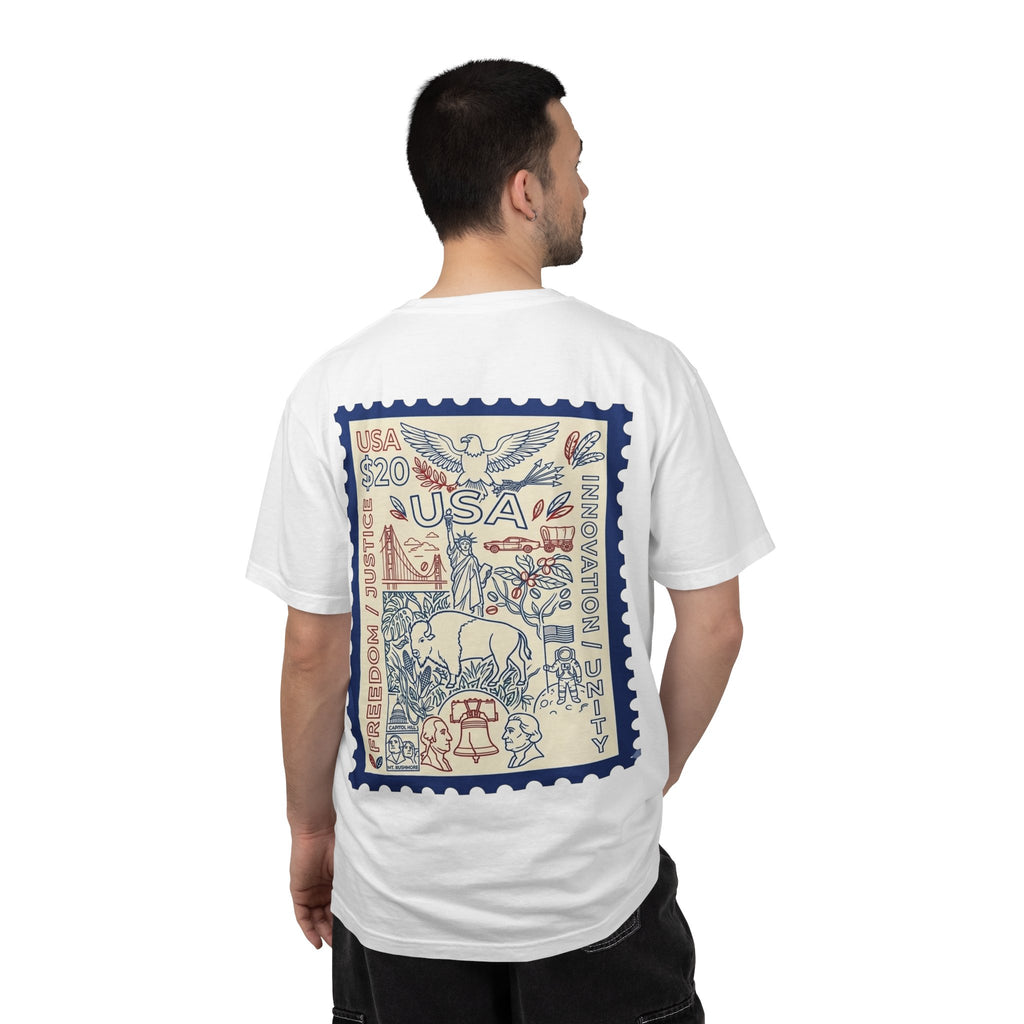 Stamp-Style USA Graphic T-Shirt — Patriotic Vintage 20 Stamp Design