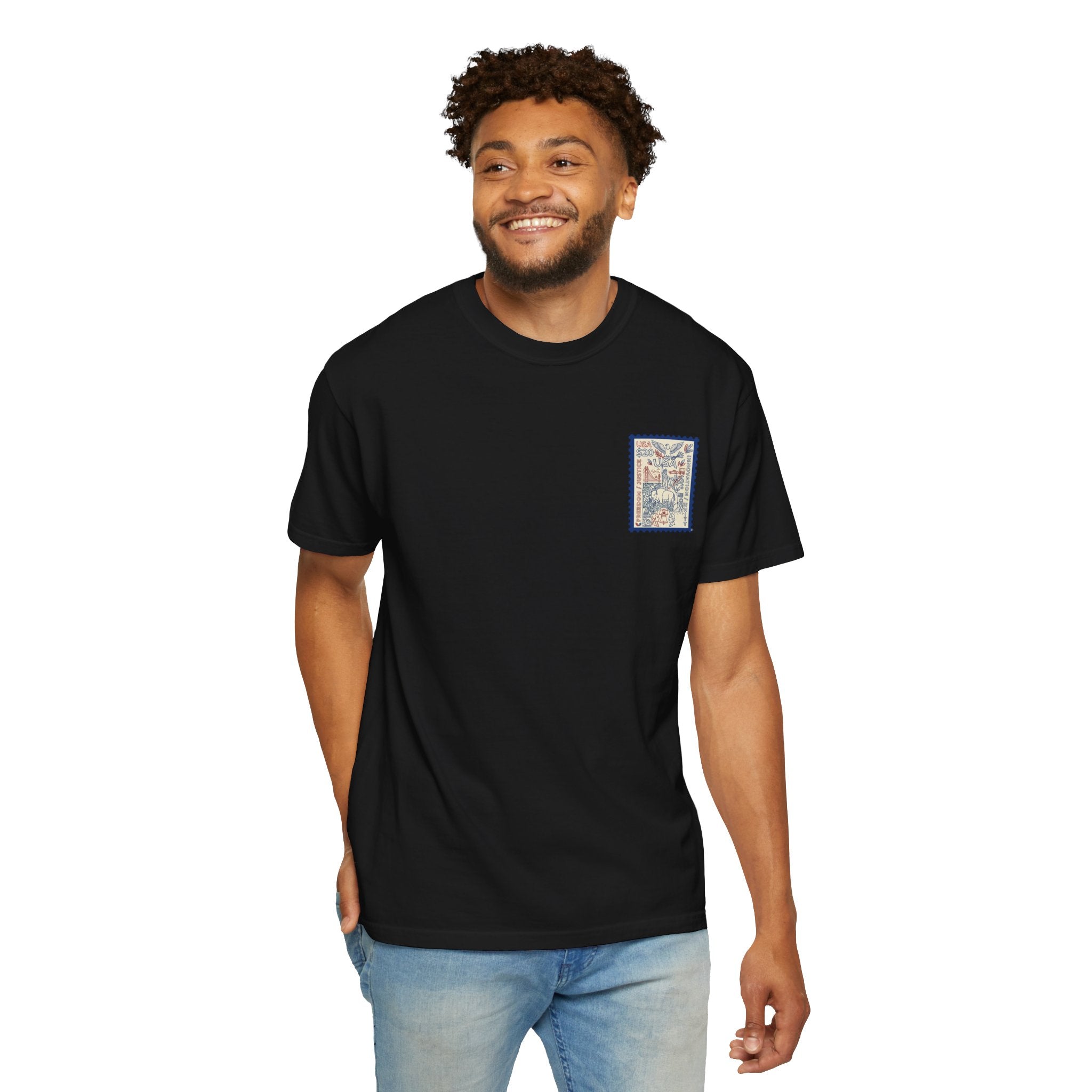 Stamp-Style USA Graphic T-Shirt — Patriotic Vintage 20 Stamp Design