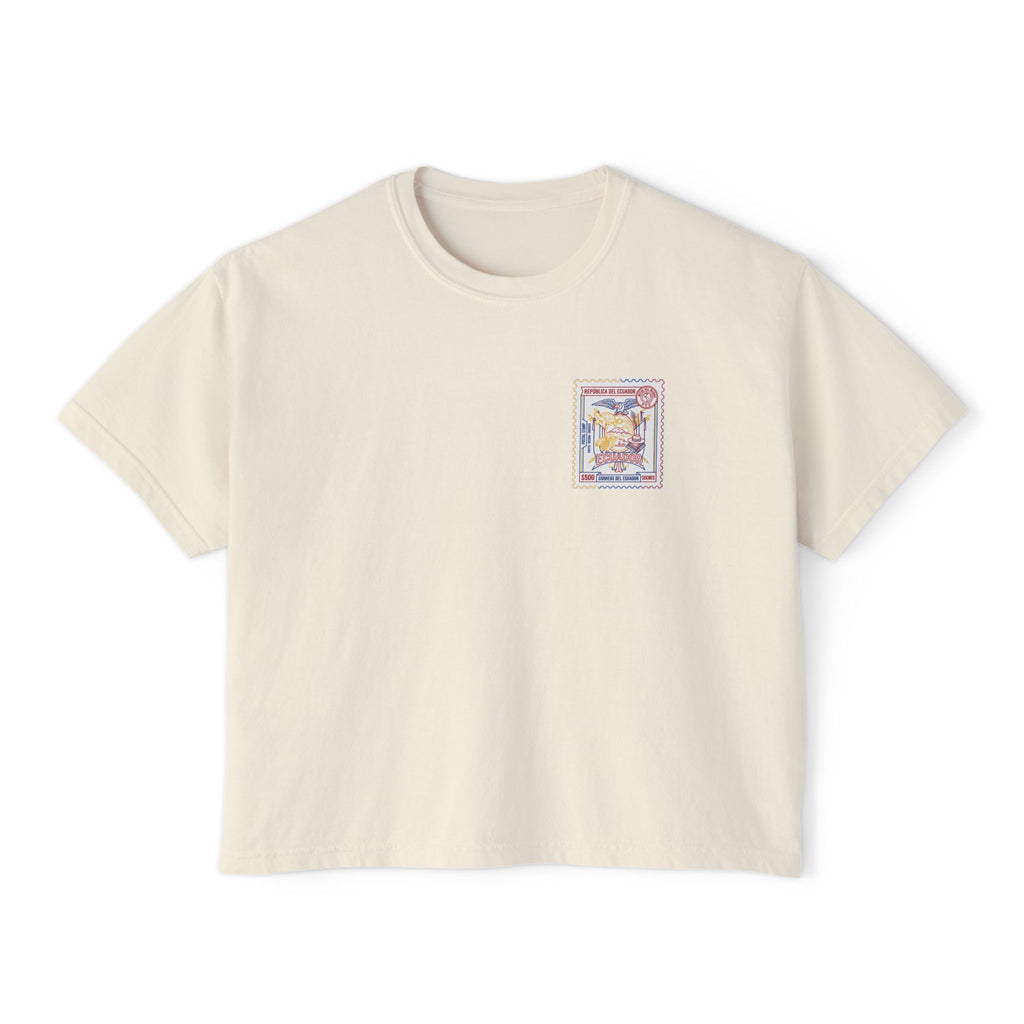 Ecuador Stamp Boxy Tee — Vintage Travel Graphic Women's T-Shirt