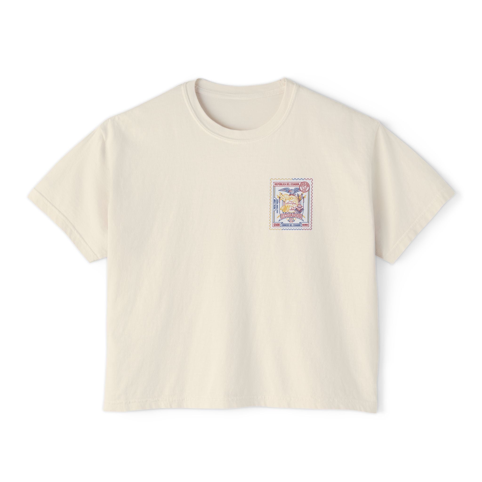 Ecuador Stamp Boxy Tee — Vintage Travel Graphic Women's T-Shirt